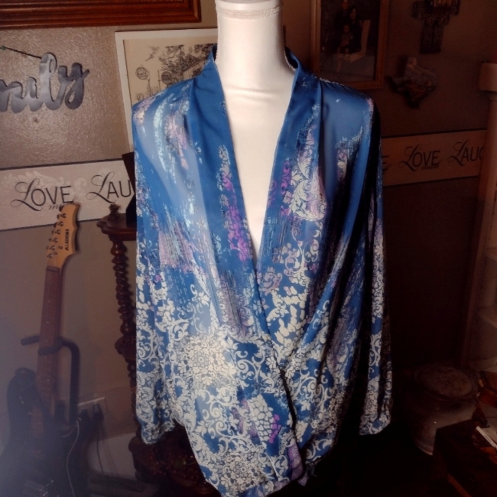 Sheer Blue NY Collection Top Faux Wrap 2X